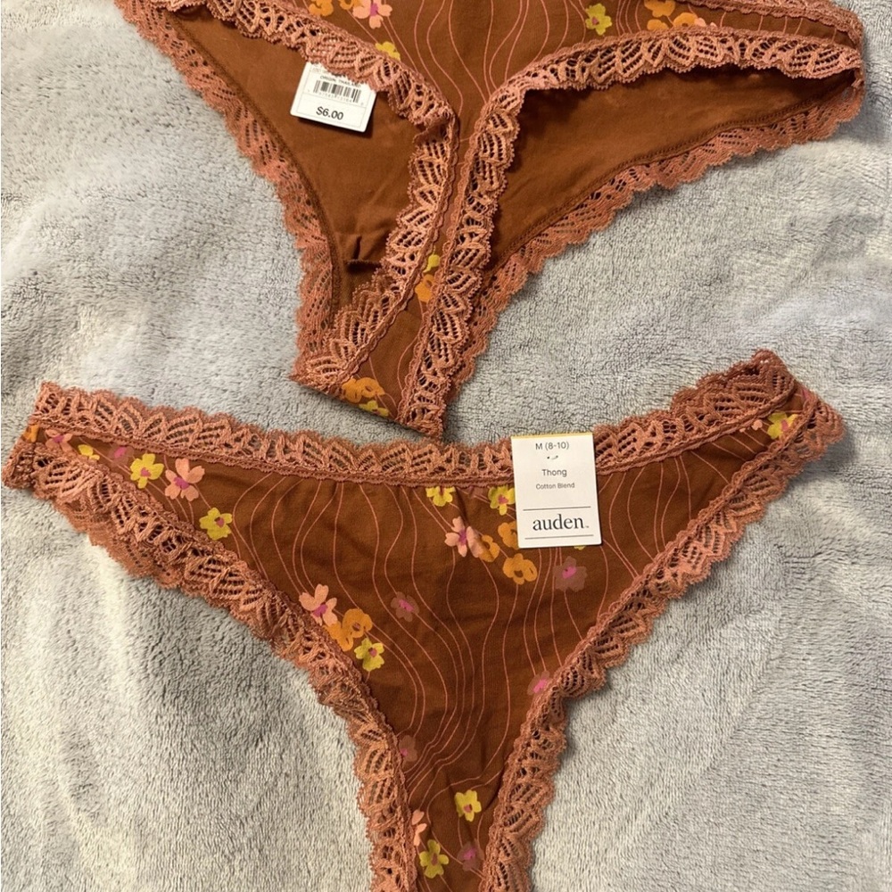 Auden Brown Floral Lace Thong Size M(8-10)